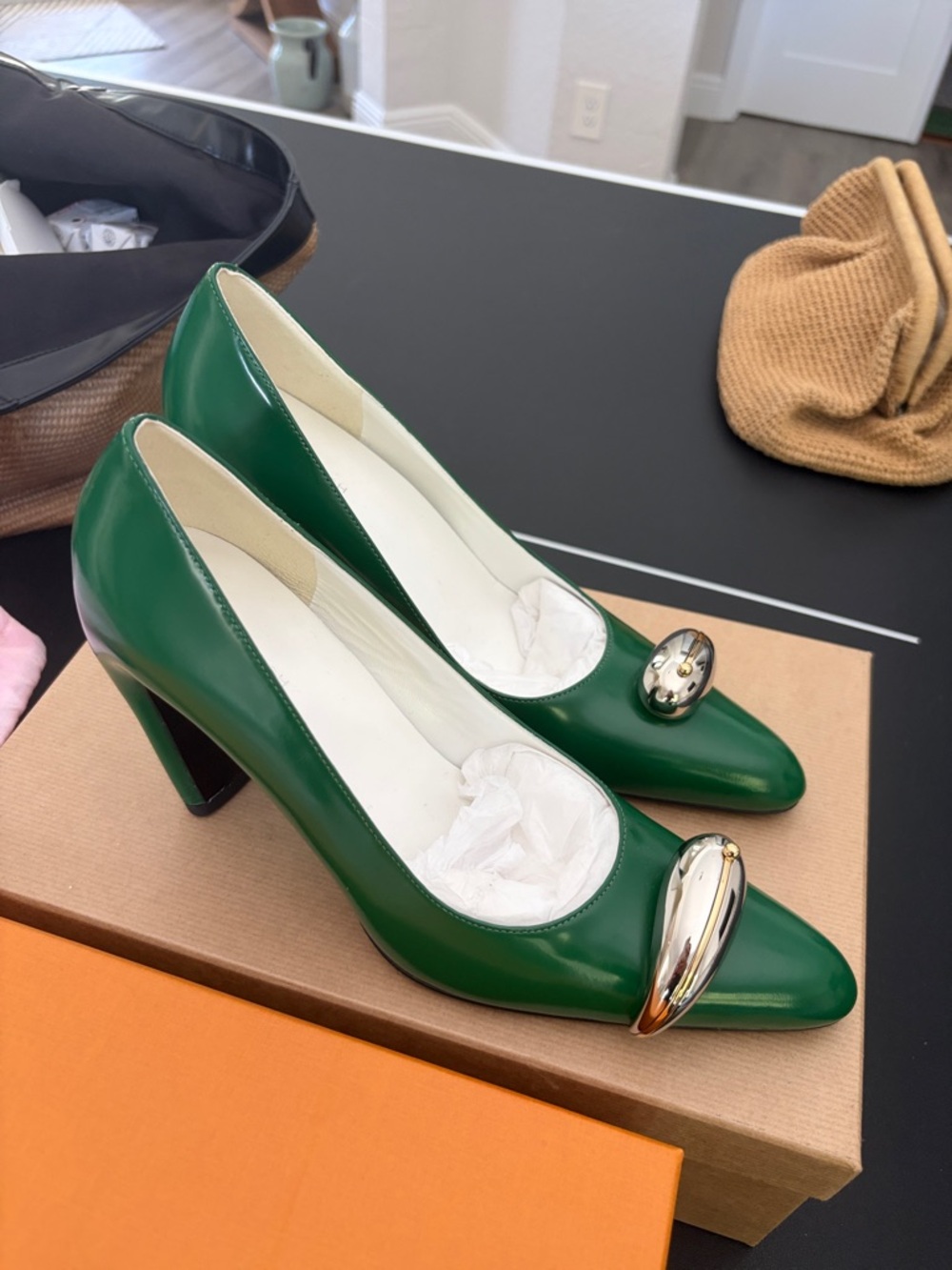 Tory Burch Green Patent Mid-Heel Pumps with Gold-Tone Accents